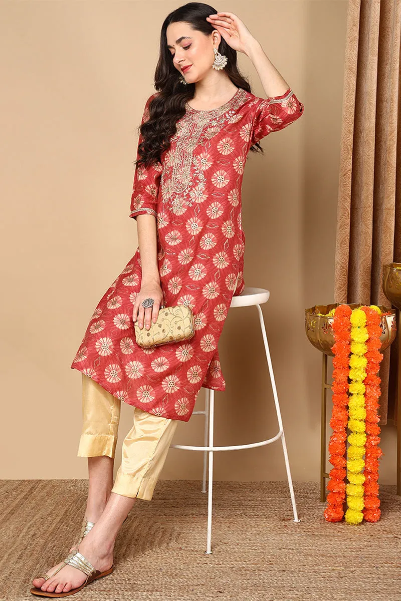 Rust Red Silk Blend Ethnic Motifs Printed Straight Kurta