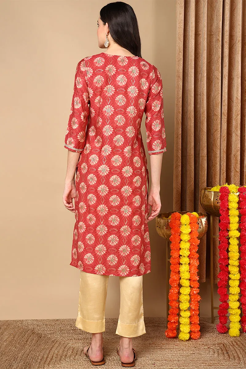 Rust Red Silk Blend Ethnic Motifs Printed Straight Kurta