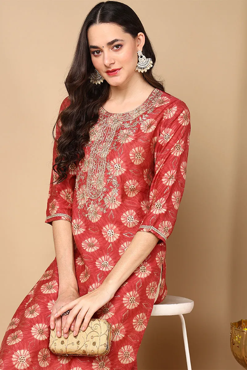 Rust Red Silk Blend Ethnic Motifs Printed Straight Kurta