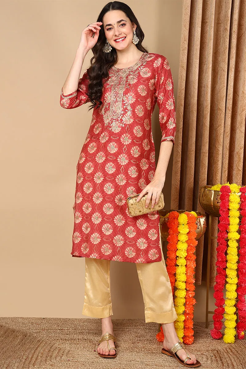 Rust Red Silk Blend Ethnic Motifs Printed Straight Kurta