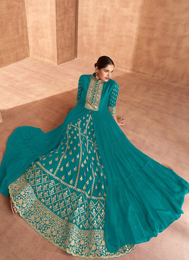 Sea Blue Slit Style Embroidered Anarkali Lehenga Suit