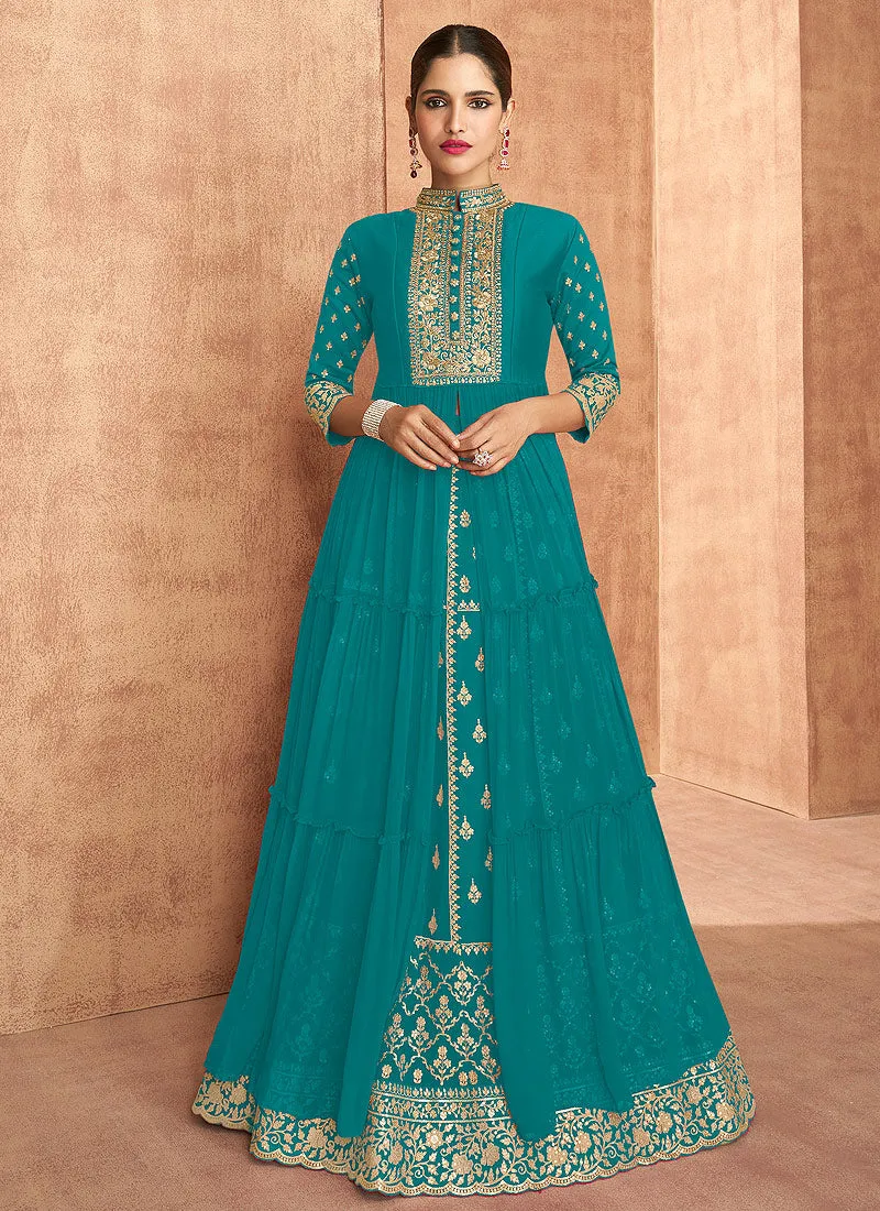 Sea Blue Slit Style Embroidered Anarkali Lehenga Suit