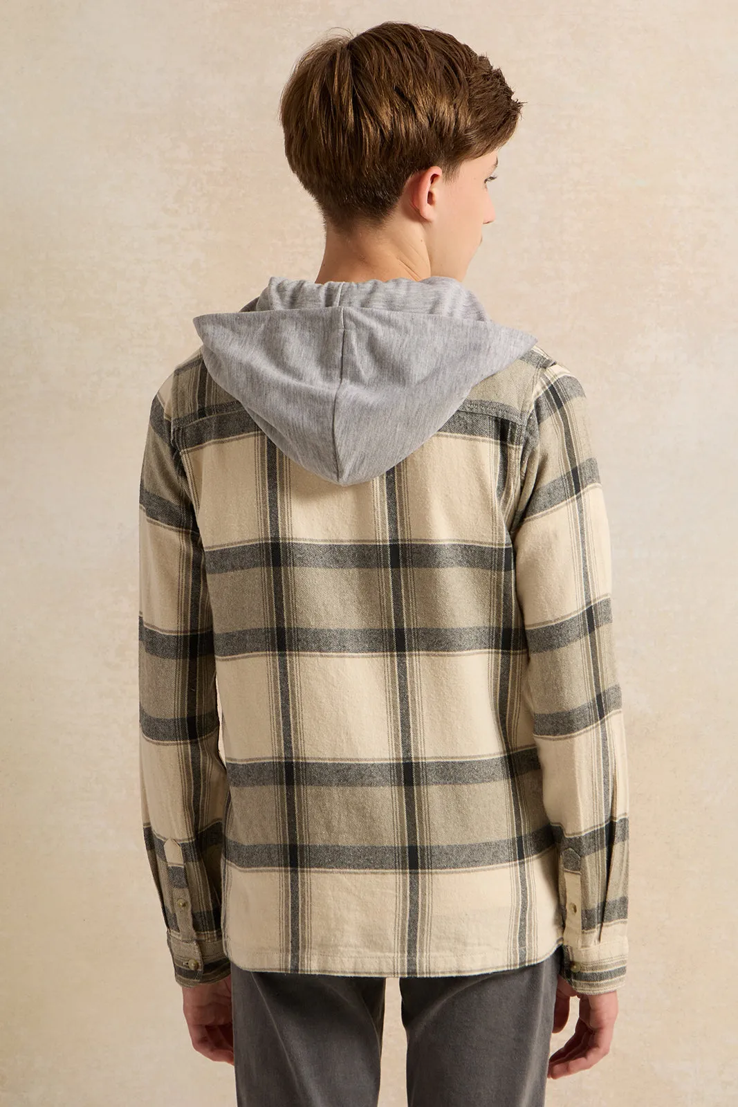 Senior Boys Beige Hooded Checks Shirt With Tee (2 Piece)