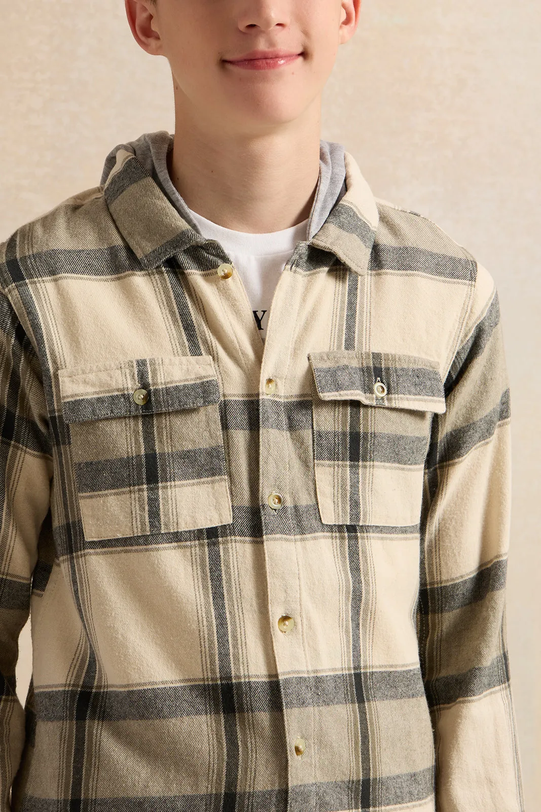 Senior Boys Beige Hooded Checks Shirt With Tee (2 Piece)