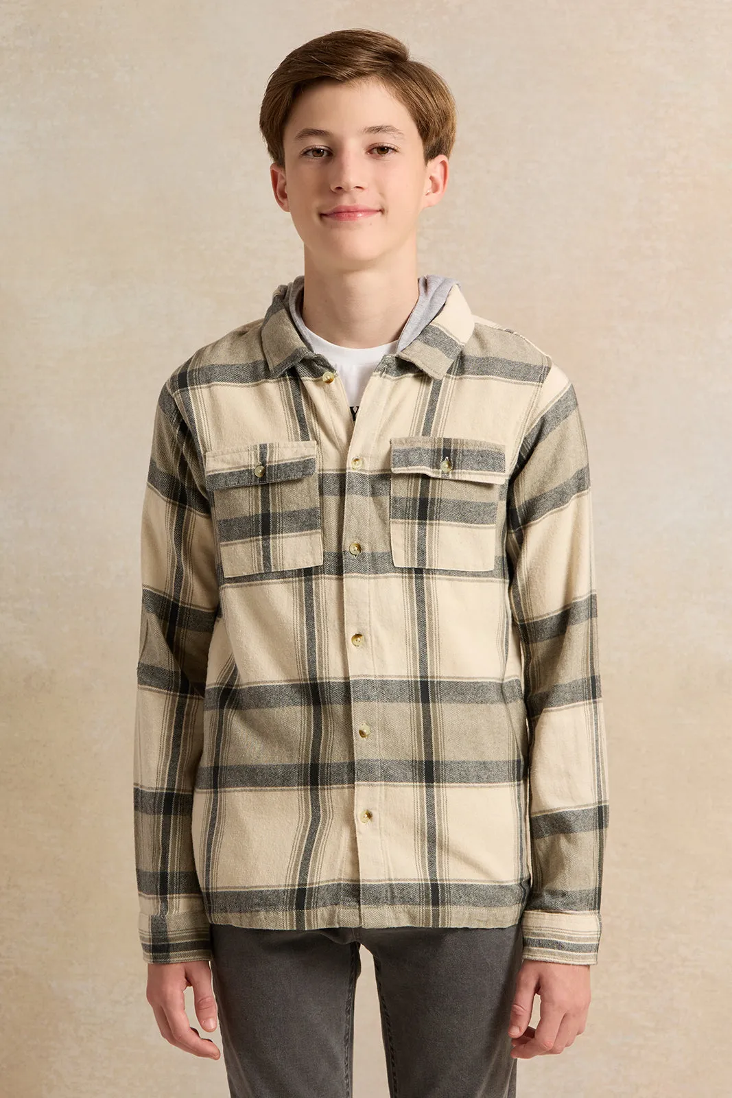 Senior Boys Beige Hooded Checks Shirt With Tee (2 Piece)