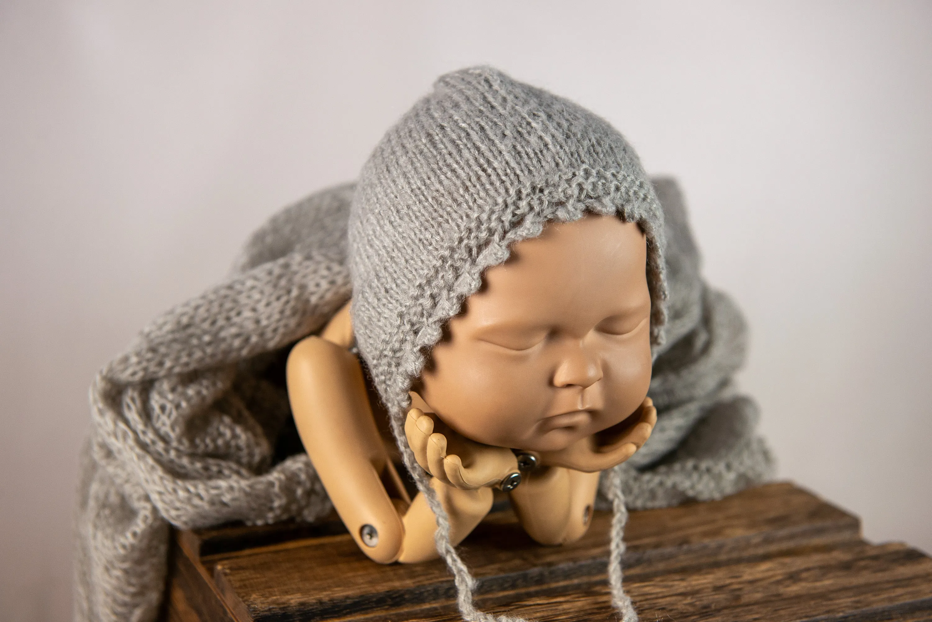 SET Mohair Knit Baby Wrap, Bonnet and Sleeping Hat - Gray