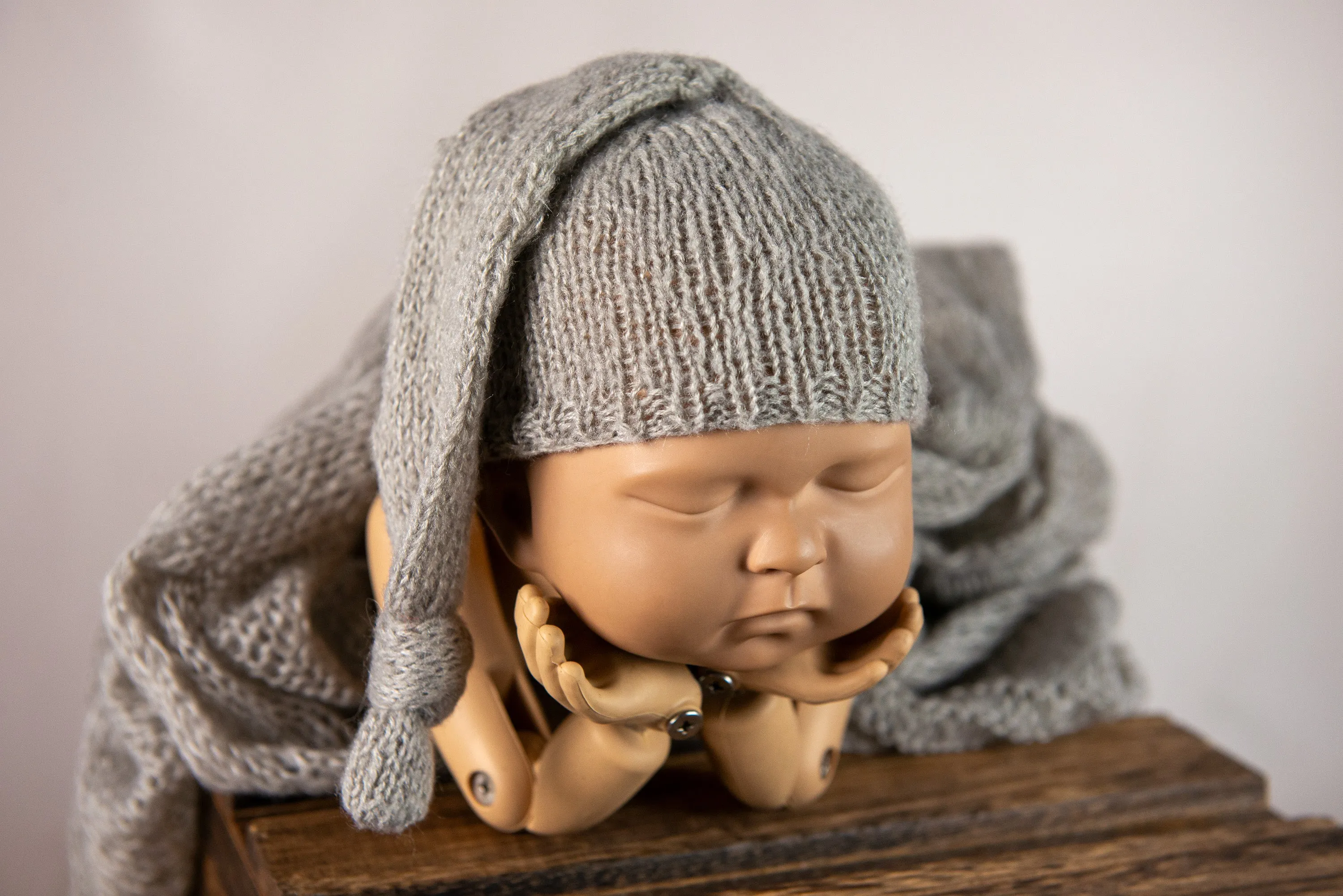 SET Mohair Knit Baby Wrap, Bonnet and Sleeping Hat - Gray