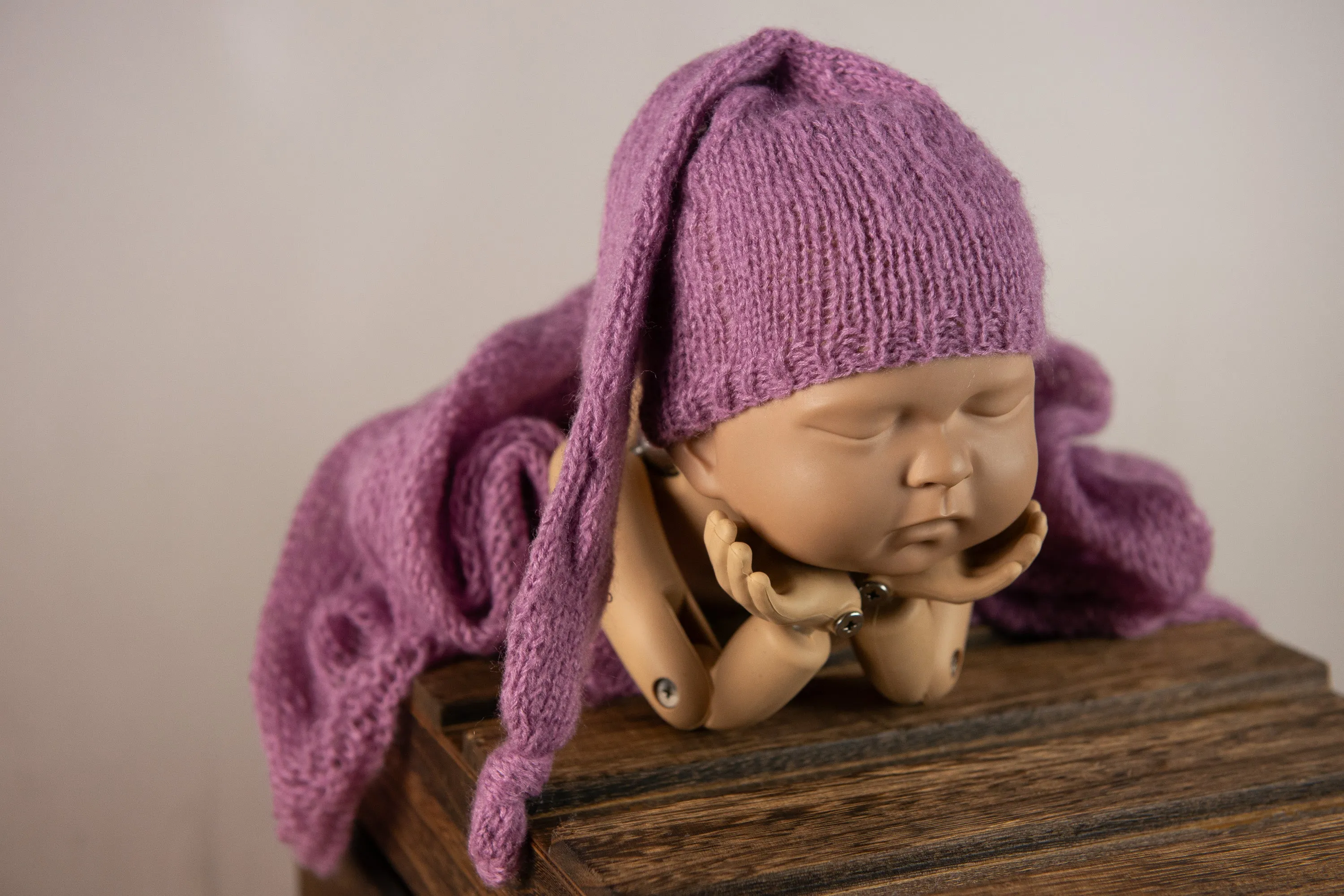 SET Mohair Knit Baby Wrap, Bonnet and Sleeping Hat - Mauve