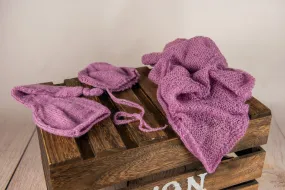 SET Mohair Knit Baby Wrap, Bonnet and Sleeping Hat - Mauve