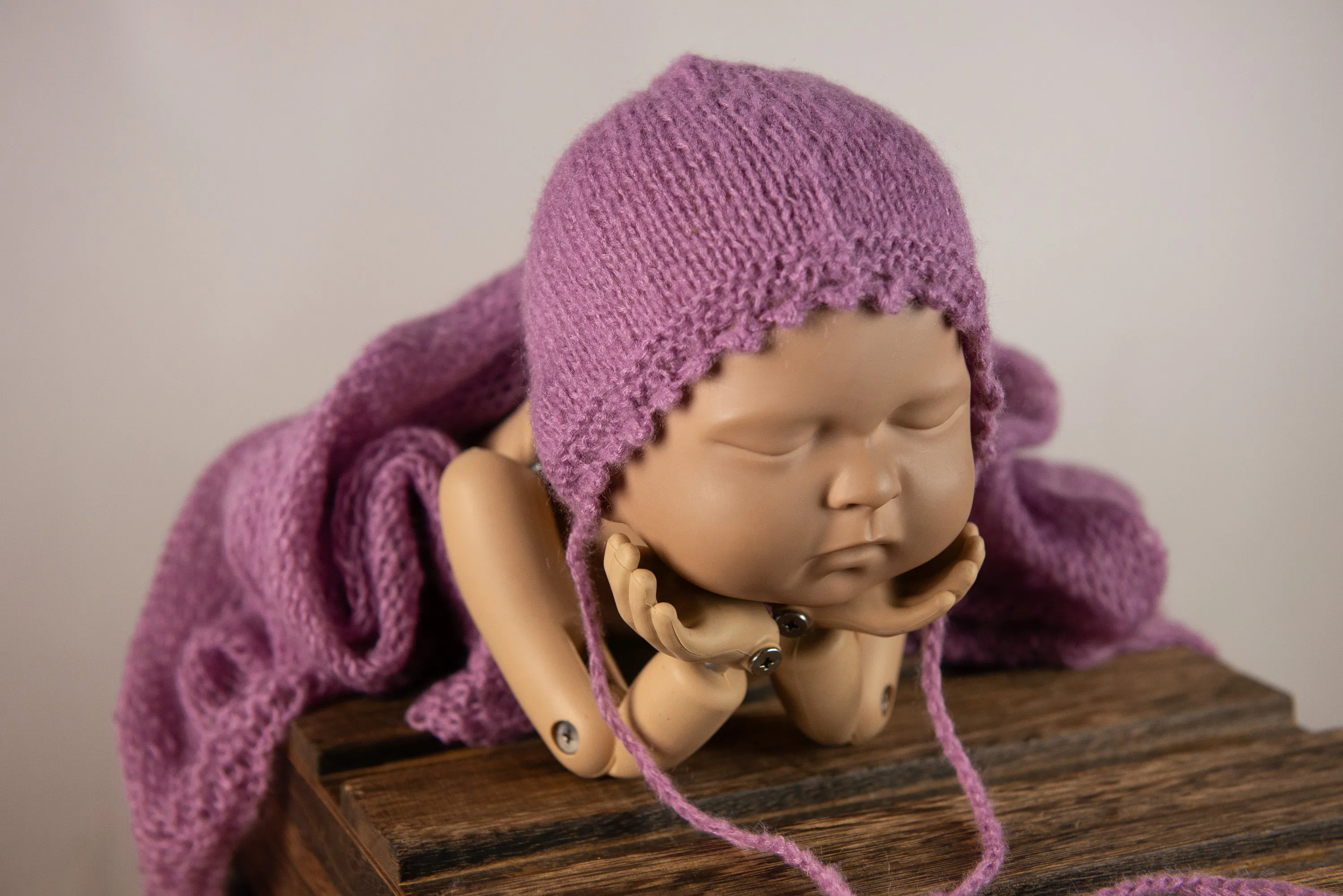 SET Mohair Knit Baby Wrap, Bonnet and Sleeping Hat - Mauve