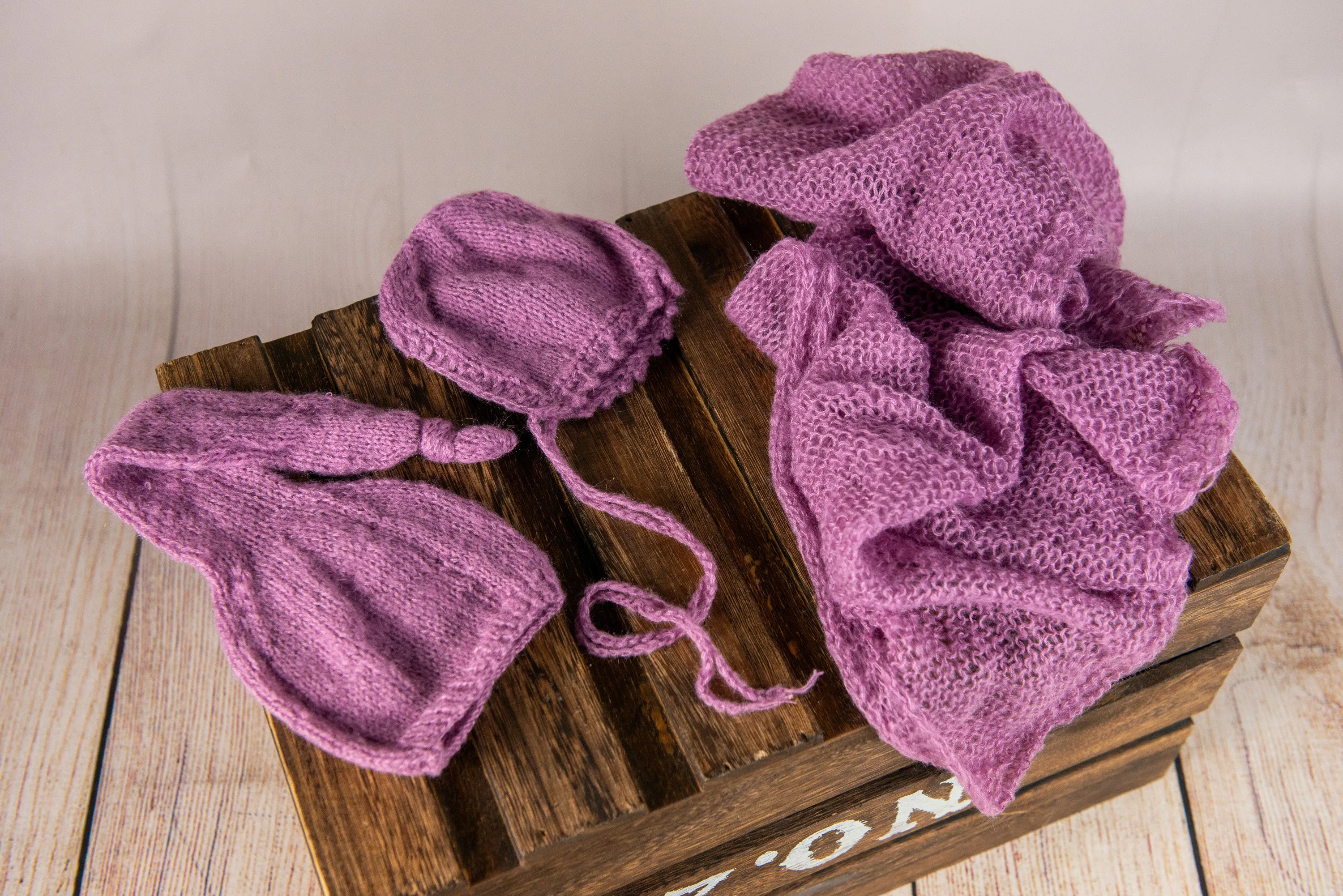 SET Mohair Knit Baby Wrap, Bonnet and Sleeping Hat - Mauve