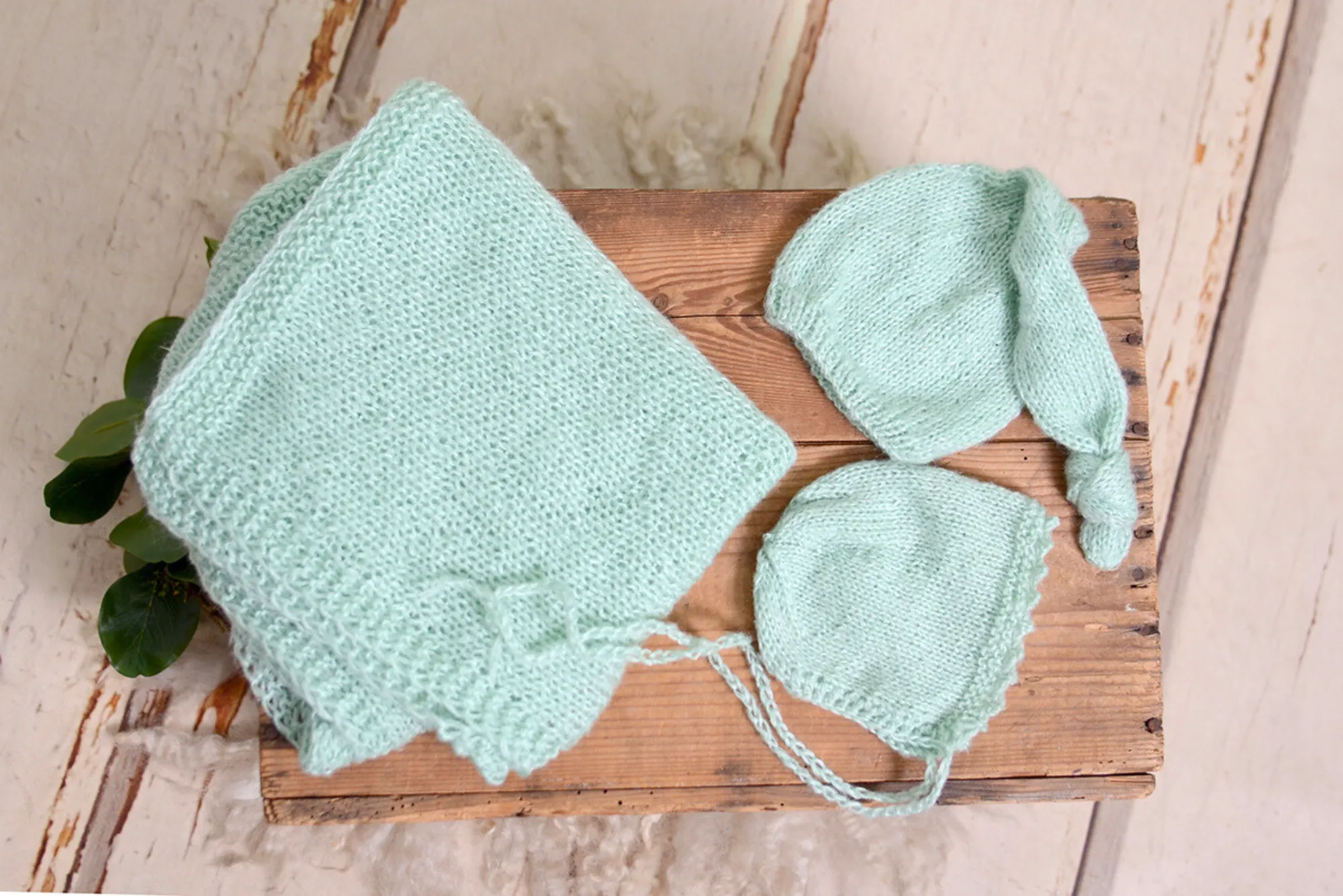 SET Mohair Knit Baby Wrap, Bonnet and Sleeping Hat - Sage