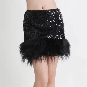 Sexy Sequins Skirt For Women High Waist A Line Solid Minimalist Patchwork Feathers Mini Skirts Female Clothing