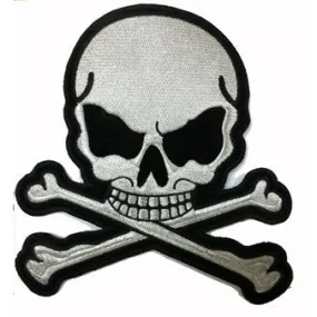 Silver Metallic Skull And Crossbones Motorcycle Vest Patch 3" x 3.5"