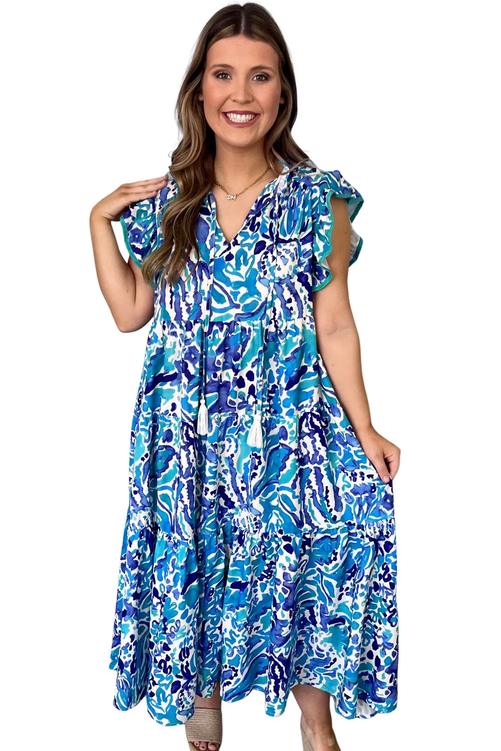 Sky Blue Plus Abstract Print Split Neck Ruffle Tiered Dress