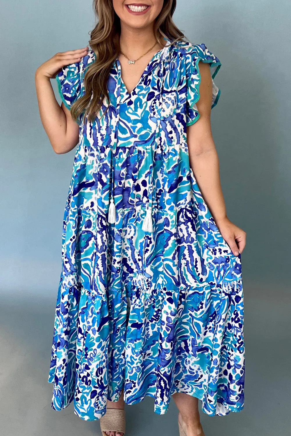 Sky Blue Plus Abstract Print Split Neck Ruffle Tiered Dress