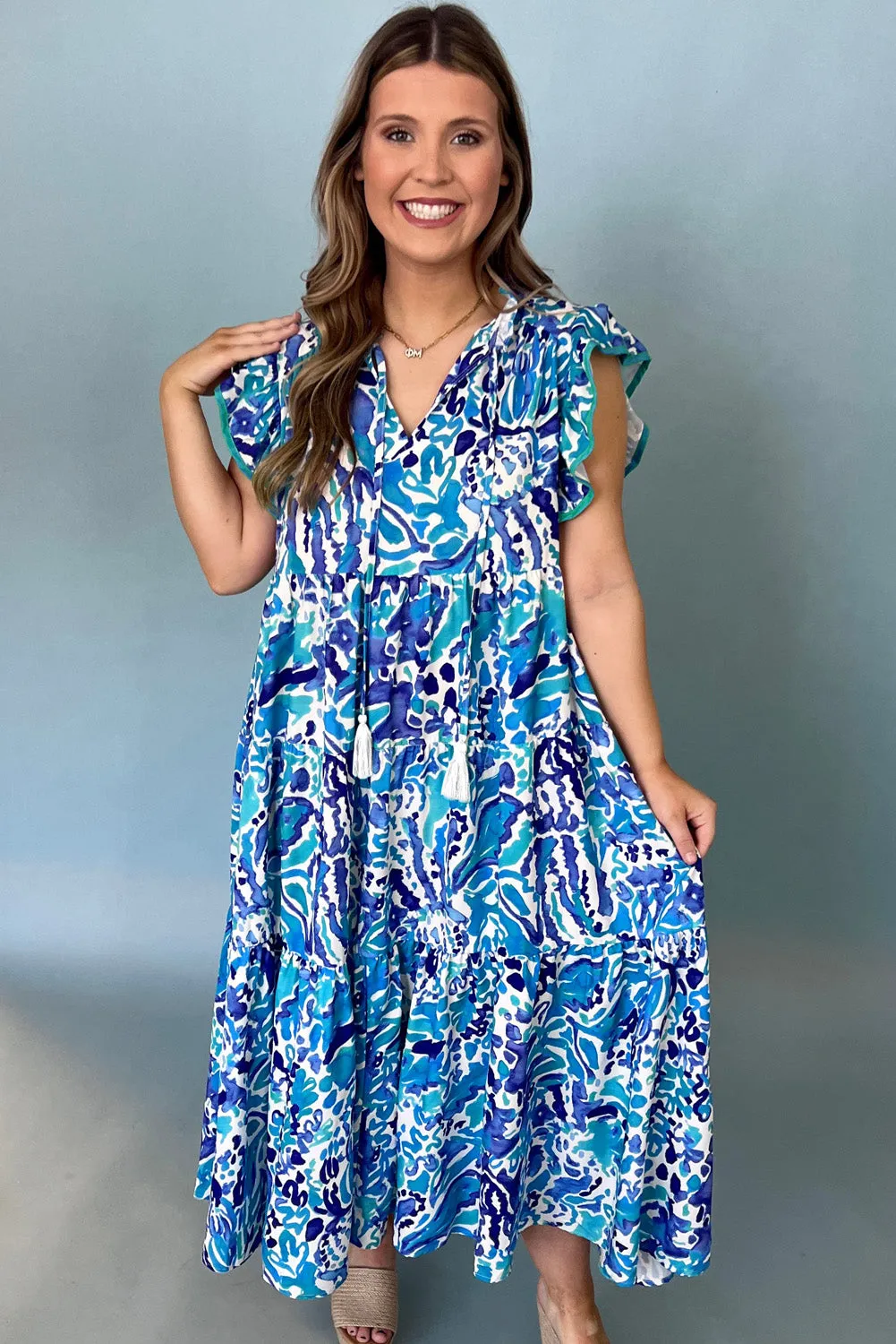 Sky Blue Plus Abstract Print Split Neck Ruffle Tiered Dress