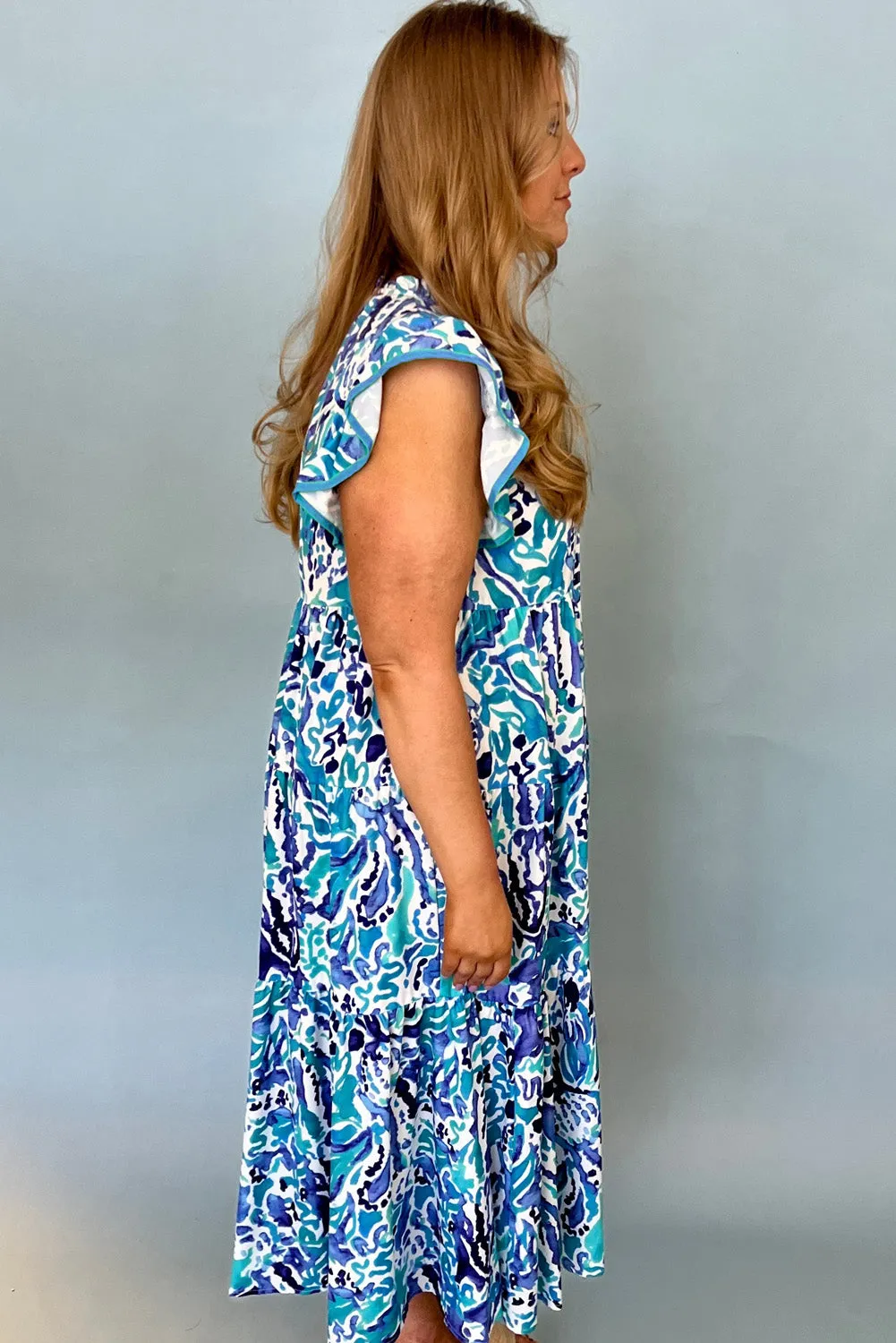 Sky Blue Plus Abstract Print Split Neck Ruffle Tiered Dress