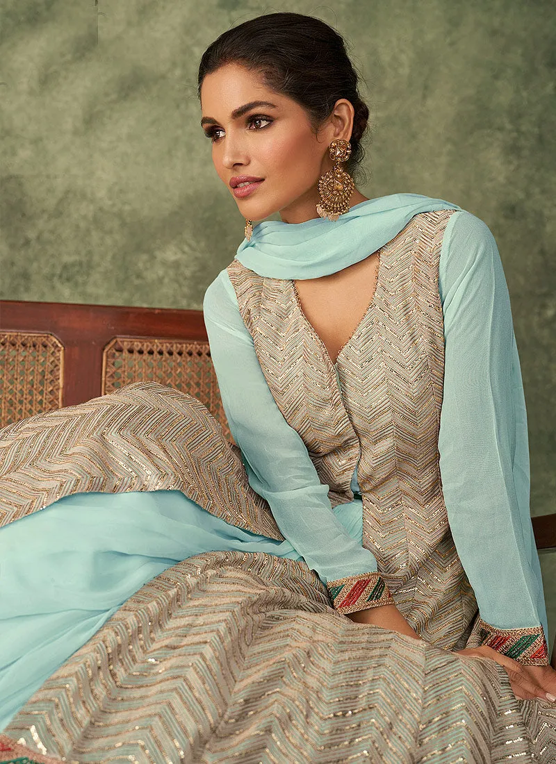 Sky Blue Sequence Embroidery Slit Style Anarkali Lehenga