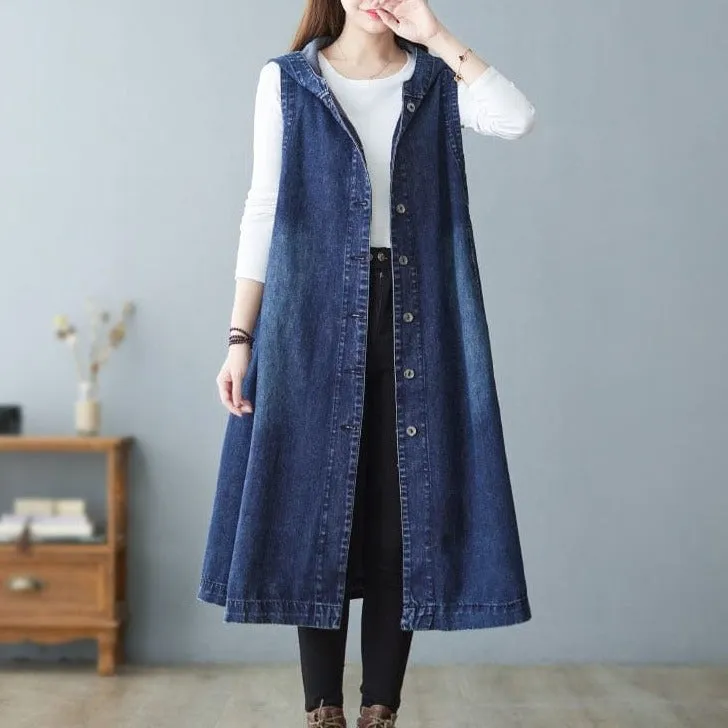 Sleeveless Hooded Denim Vest Coat