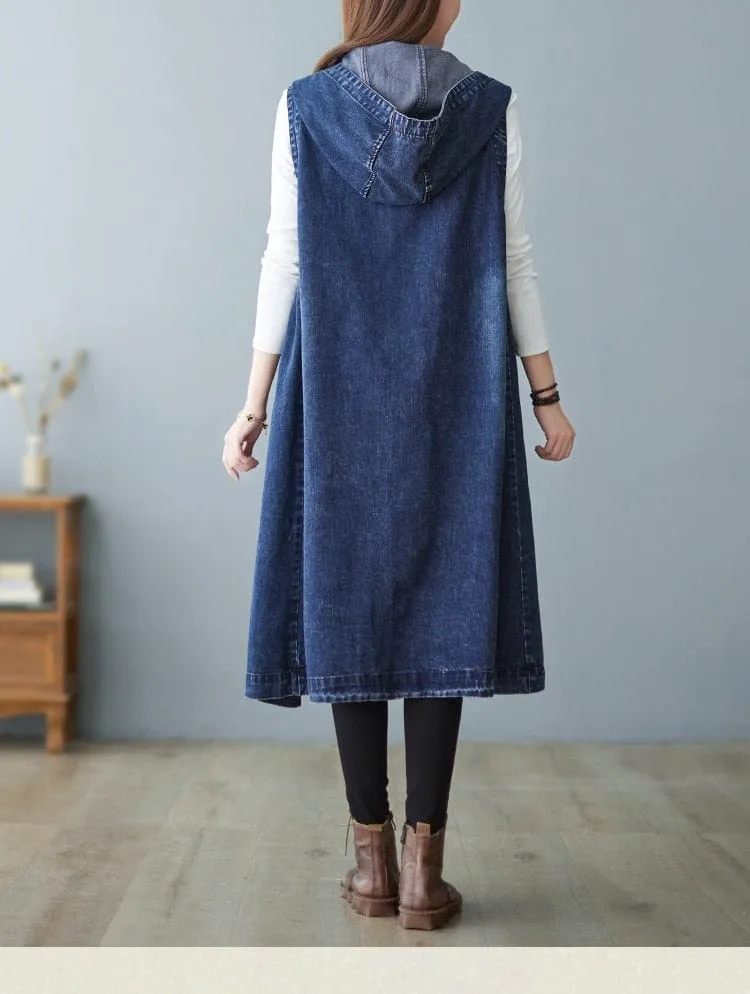 Sleeveless Hooded Denim Vest Coat