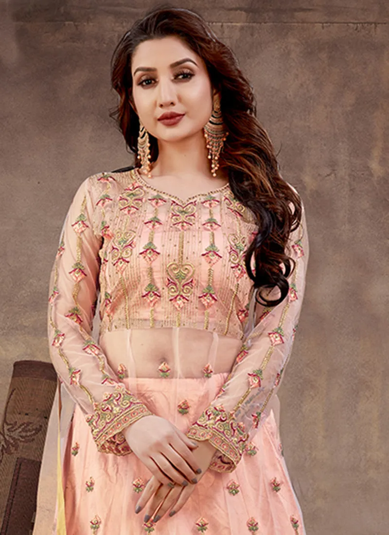 Soft Peach Multi Embroidery Wedding Anarkali Lehenga