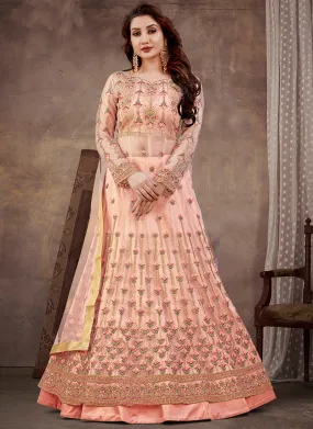 Soft Peach Multi Embroidery Wedding Anarkali Lehenga