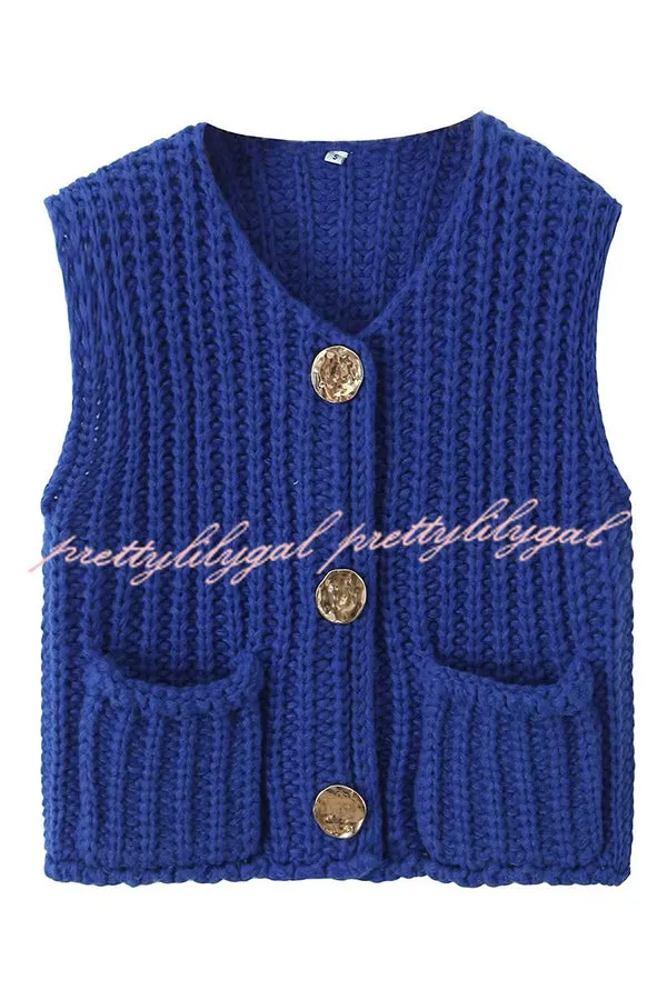 Solid Color Sleeveless Pocket Knitted Vest