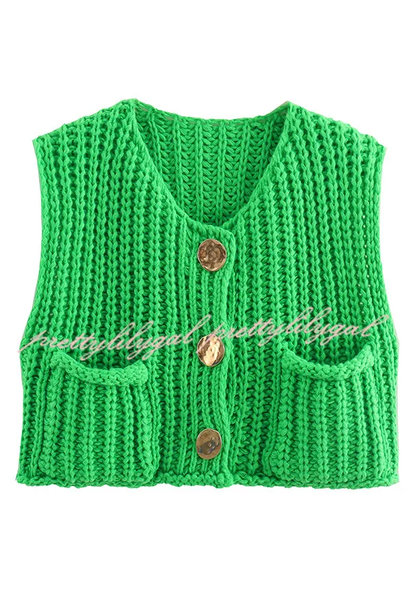 Solid Color Sleeveless Pocket Knitted Vest