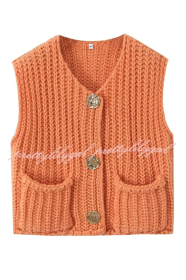 Solid Color Sleeveless Pocket Knitted Vest