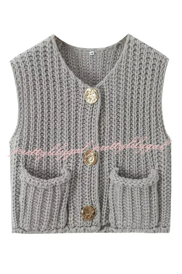 Solid Color Sleeveless Pocket Knitted Vest