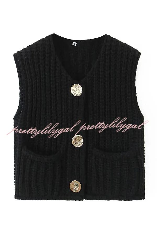 Solid Color Sleeveless Pocket Knitted Vest