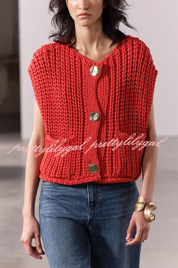 Solid Color Sleeveless Pocket Knitted Vest