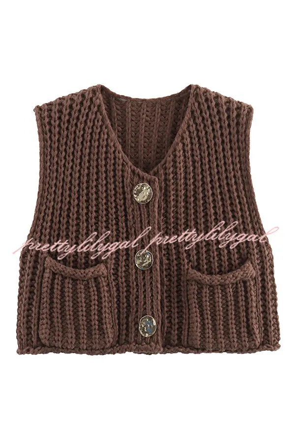 Solid Color Sleeveless Pocket Knitted Vest