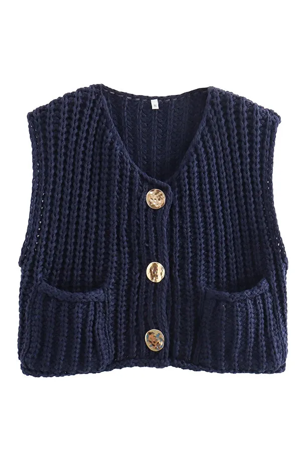 Solid Color Sleeveless Pocket Knitted Vest