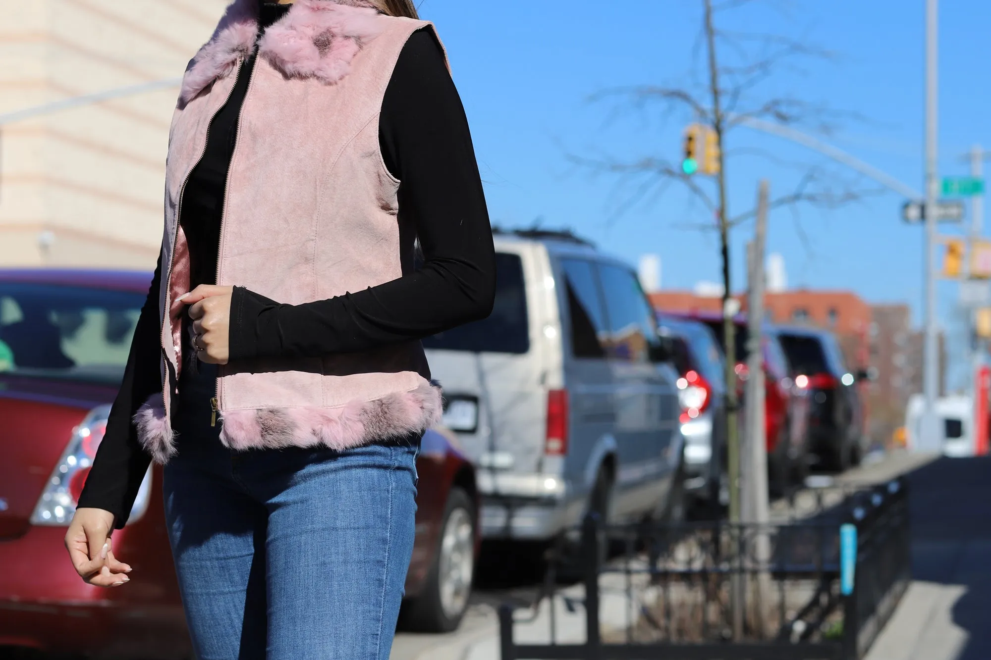 Suede Leather Vest w/ Fur Trim - Pink