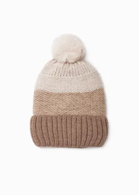 Taupe Tri-Tone Hat with Faux Fur Pom Pom