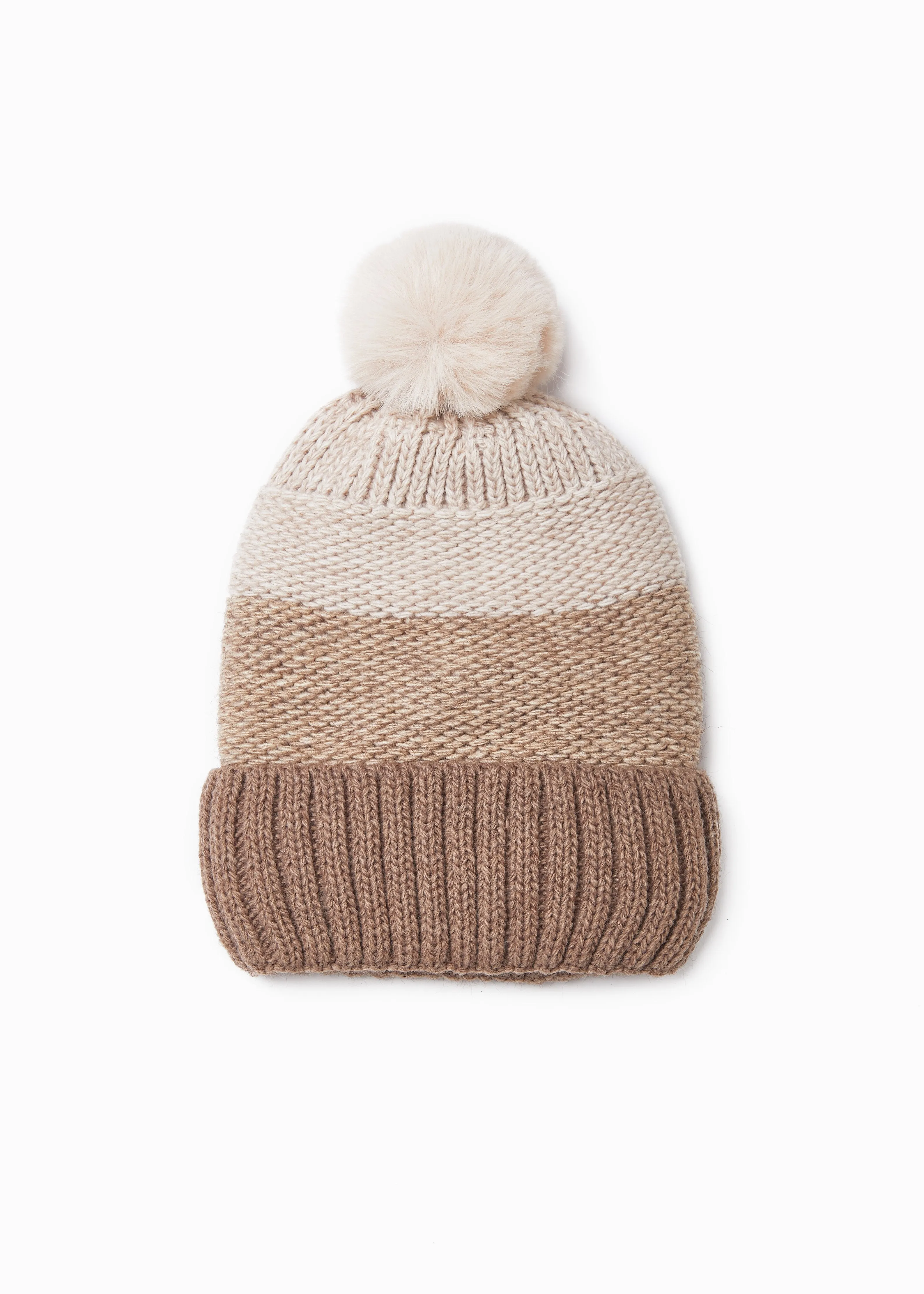 Taupe Tri-Tone Hat with Faux Fur Pom Pom