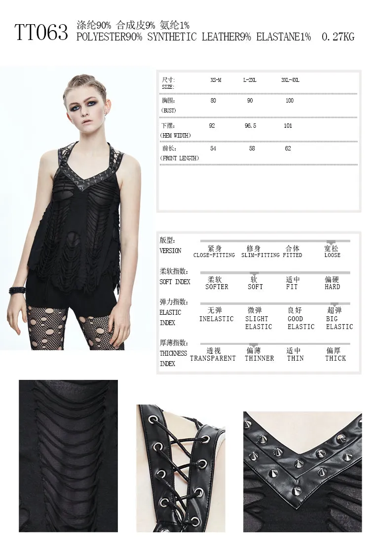 TT063 Summer lace up shoulder nailed leather loops punk women halter vest