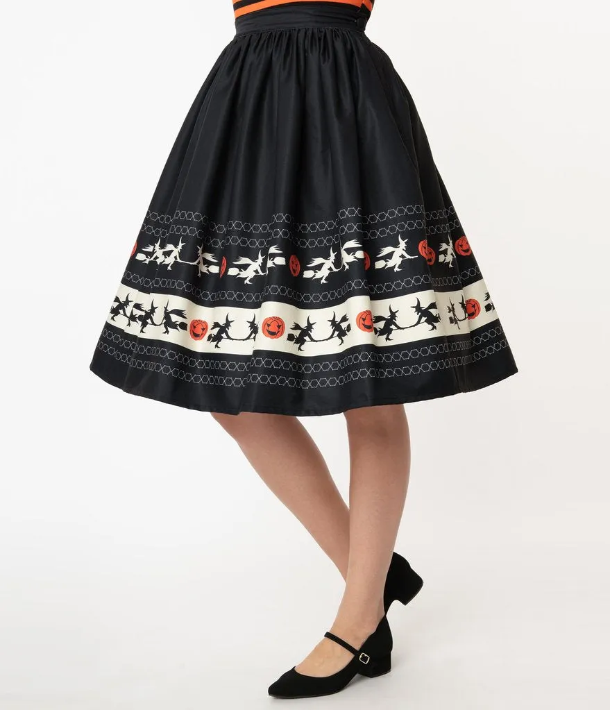 Unique Vintage Halloween Fair Isle Border High Waist Gellar Swing Skirt (L ONLY)