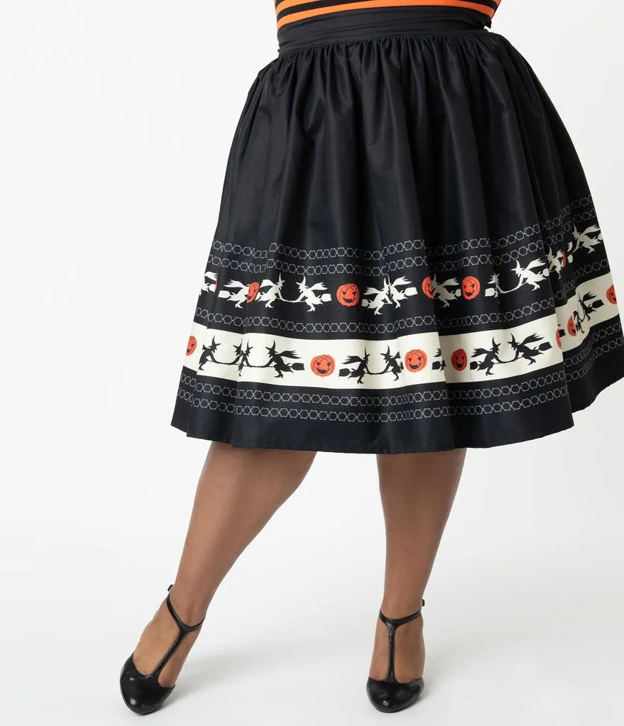 Unique Vintage Halloween Fair Isle Border High Waist Gellar Swing Skirt (L ONLY)