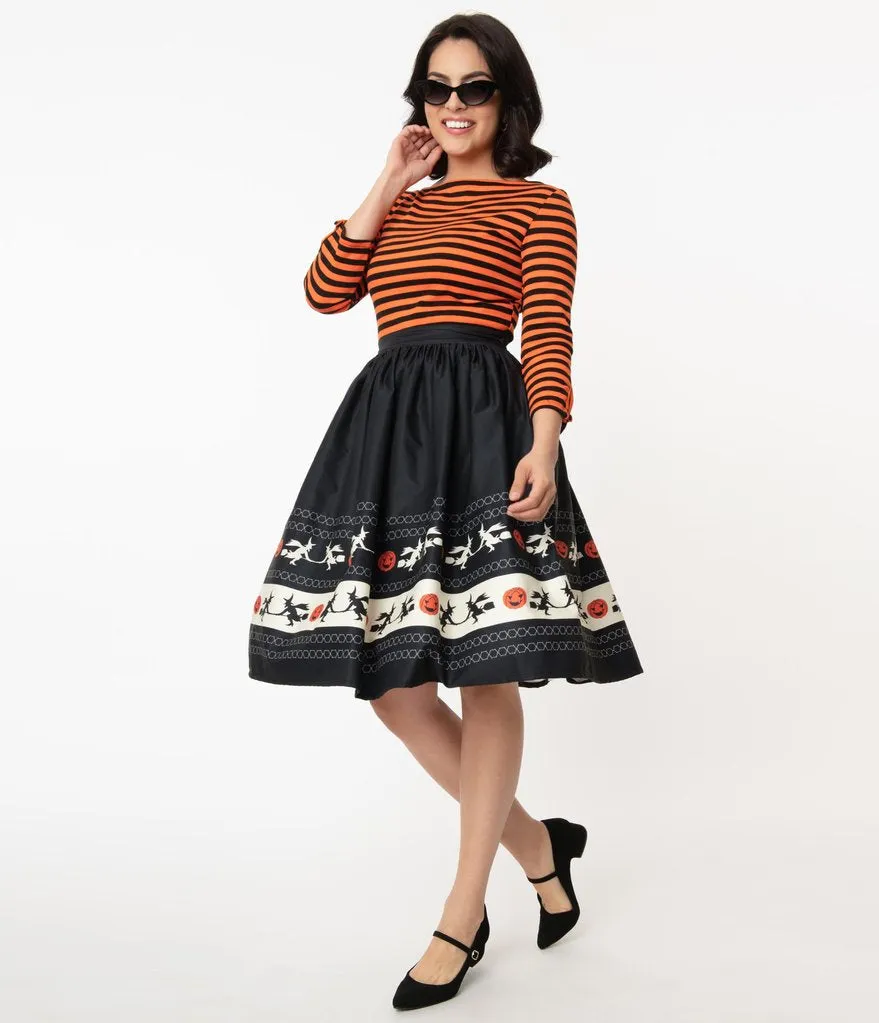 Unique Vintage Halloween Fair Isle Border High Waist Gellar Swing Skirt (L ONLY)