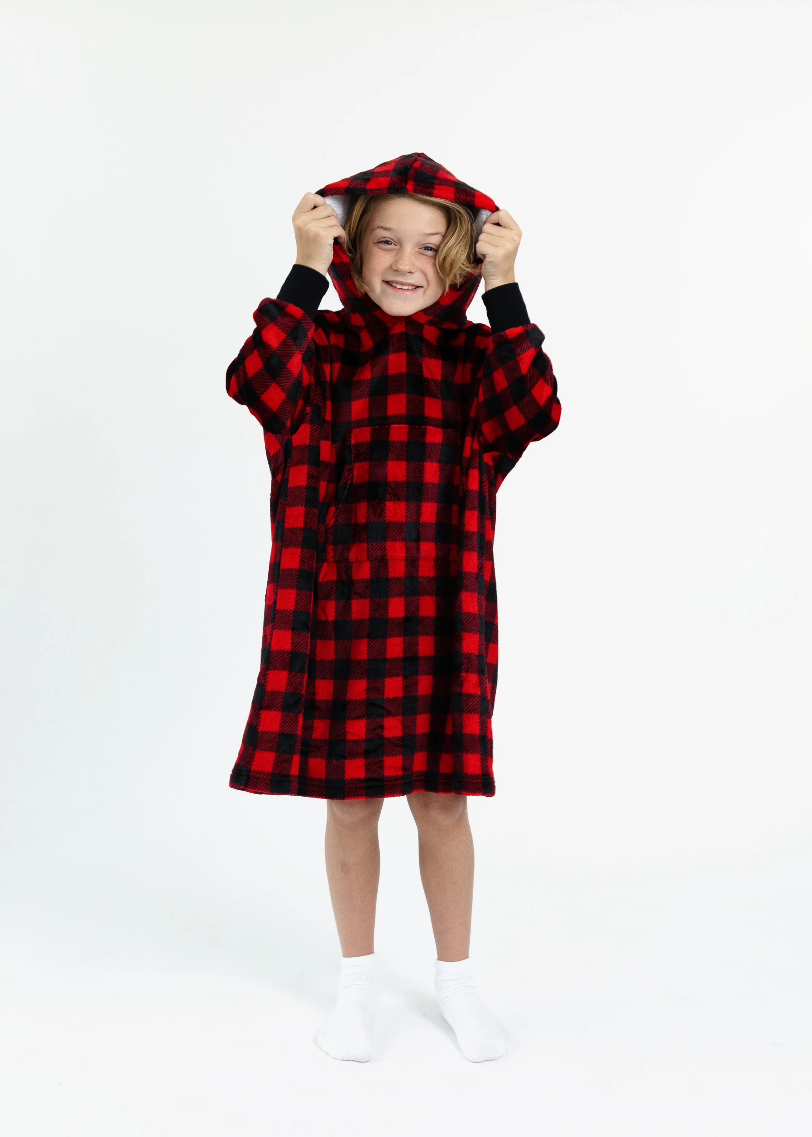 Unisex Red Plaid Wearable Cozy Fleece Blanket Hoodie