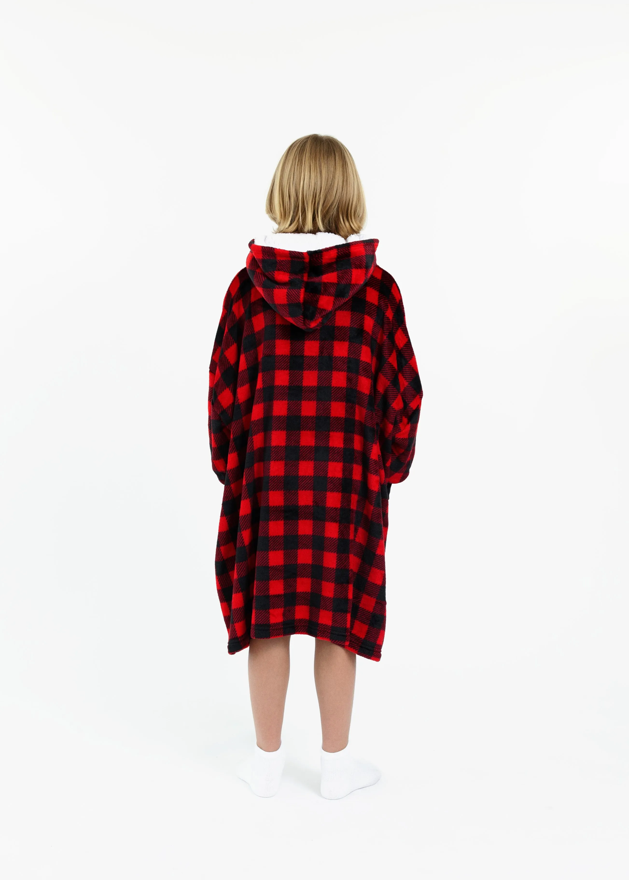 Unisex Red Plaid Wearable Cozy Fleece Blanket Hoodie