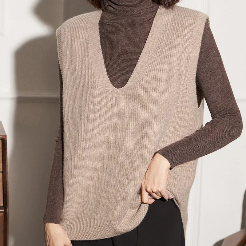 V-neck Sleeveless Versatile Cashmere Knitted Vest for Women