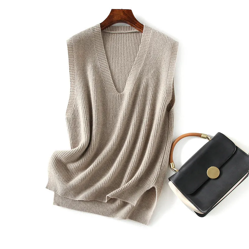 V-neck Sleeveless Versatile Cashmere Knitted Vest for Women