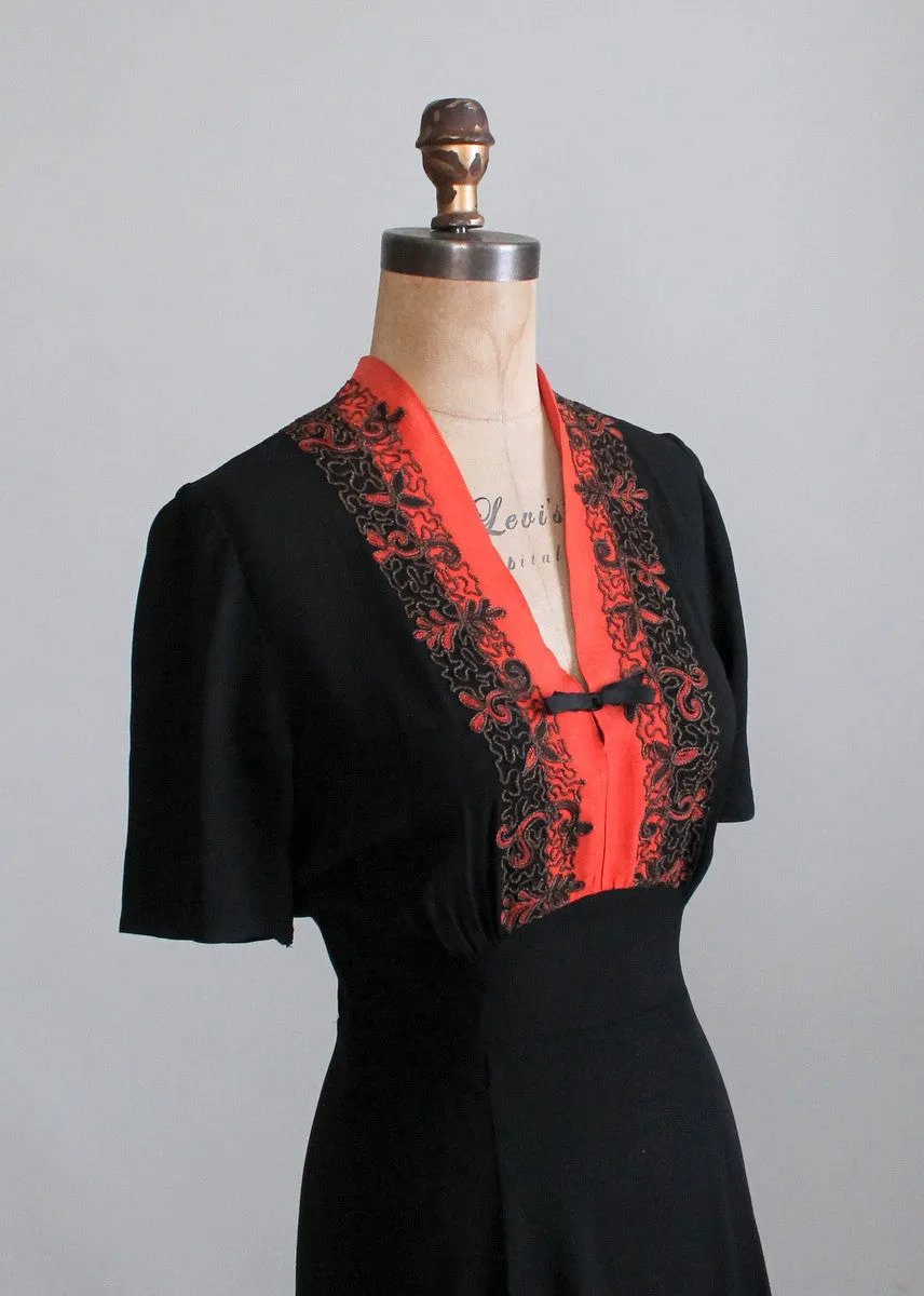 Vintage 1930s Black and Orange Dress with Metallic Soutache