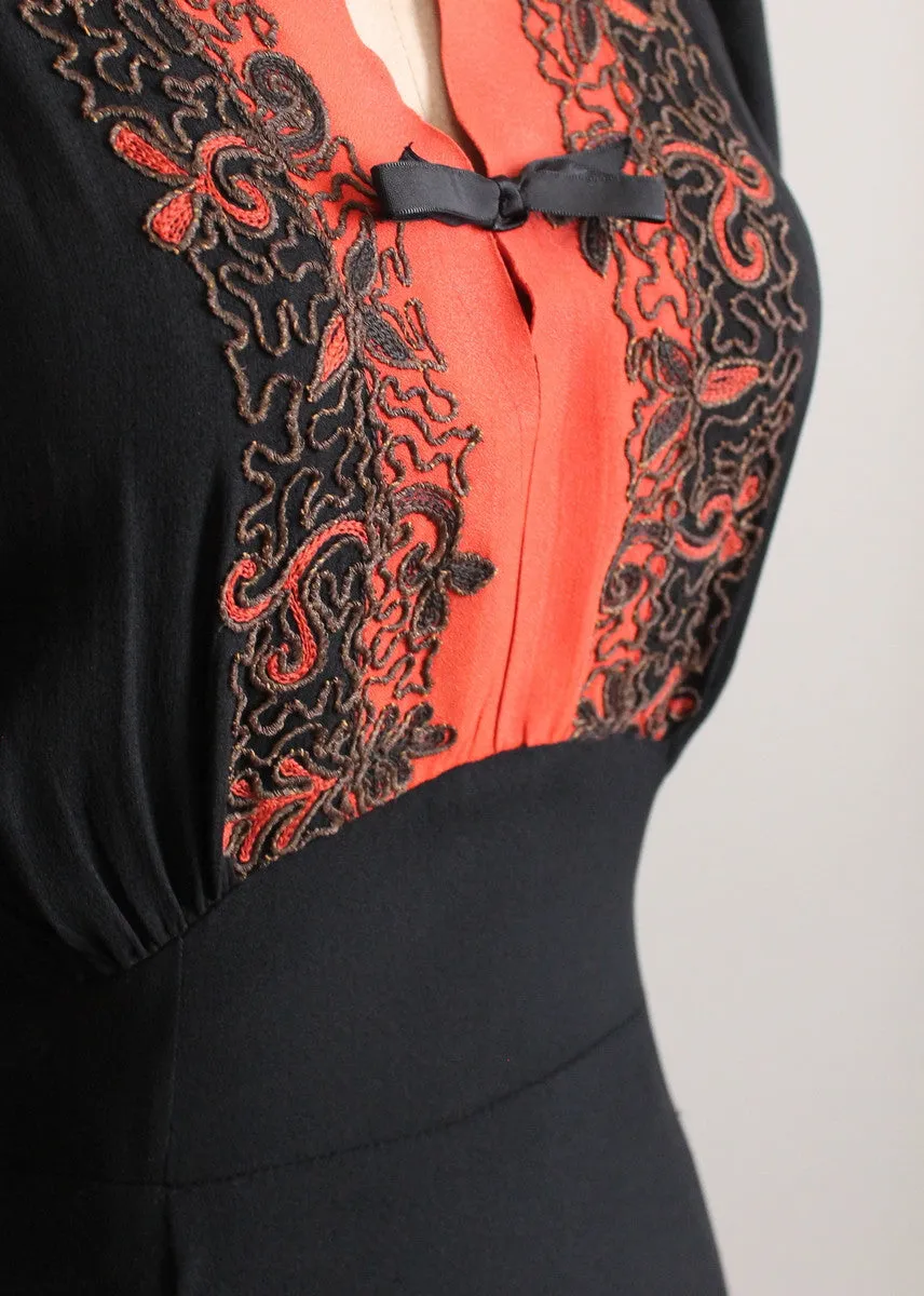 Vintage 1930s Black and Orange Dress with Metallic Soutache