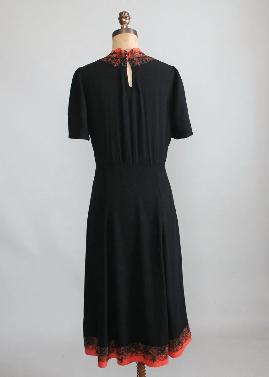 Vintage 1930s Black and Orange Dress with Metallic Soutache