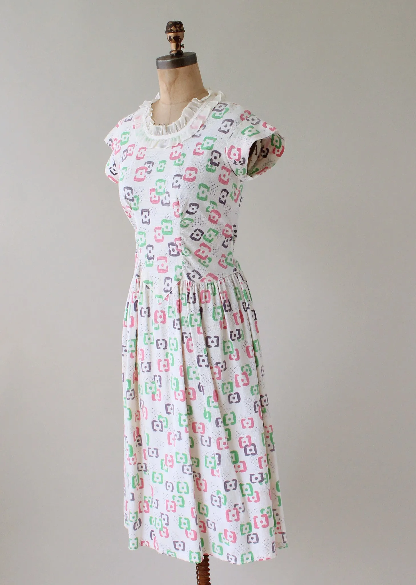 Vintage 1940s Abstract Pastel Print Pique Summer Dress